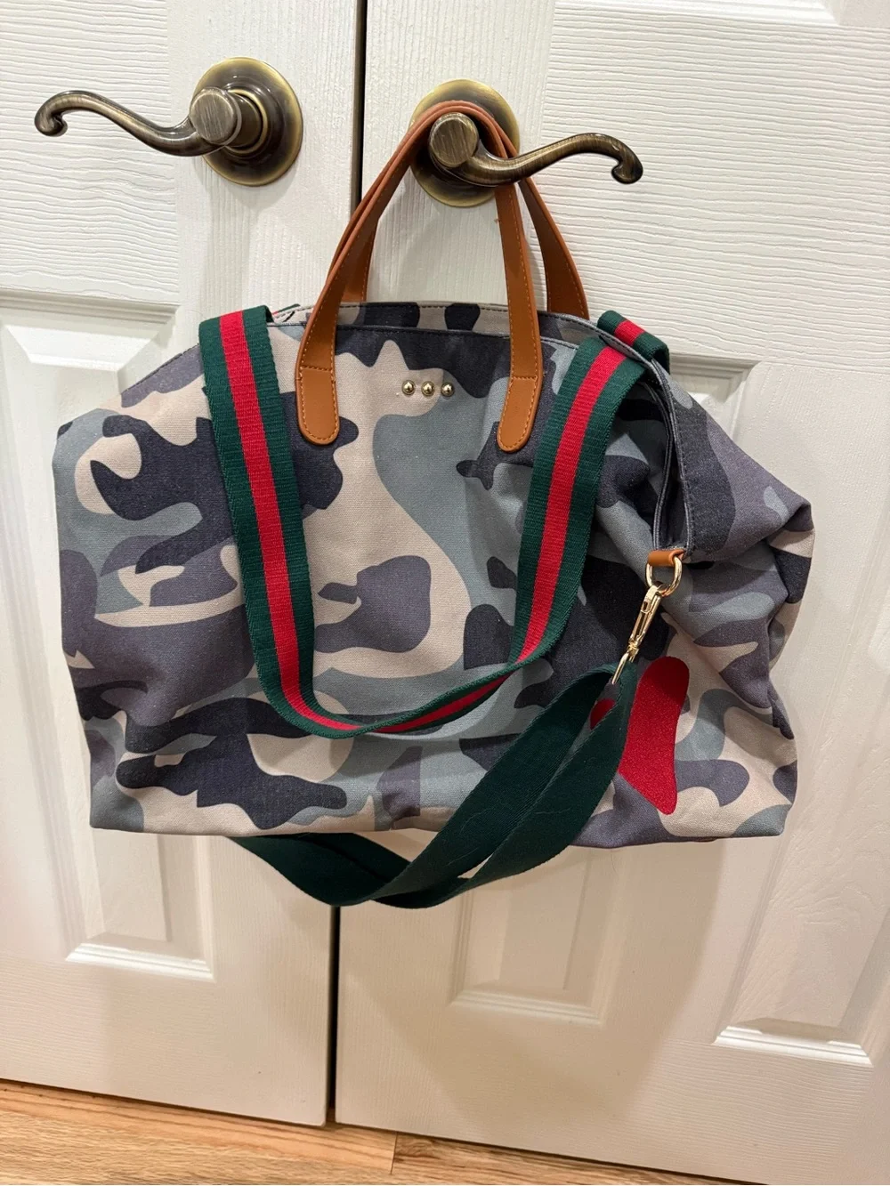 Gray Camouflage Canvas Laptop Weekender with Green-Red Webbing Strap